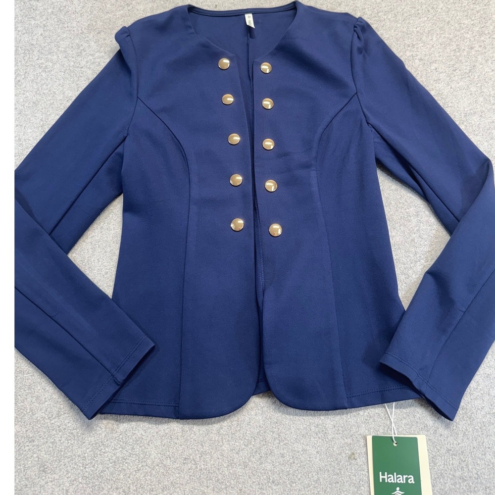 Halara Women's Blue Gold Button Stretch Knit Blazer Jacket Size Small NWT Work